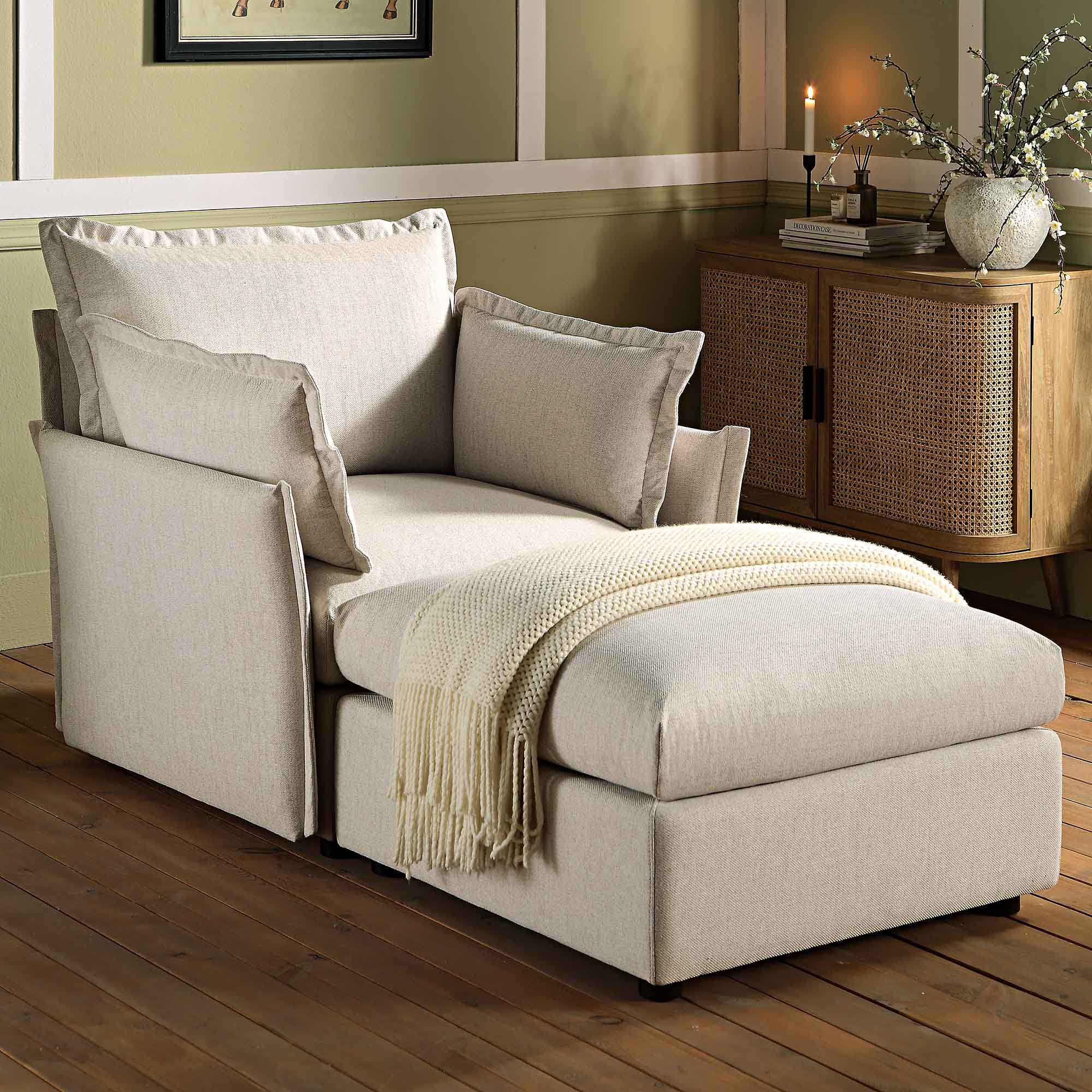 Byron Pillow Edge Beige Fabric Sectional Sofa, 1-Seater Chaise