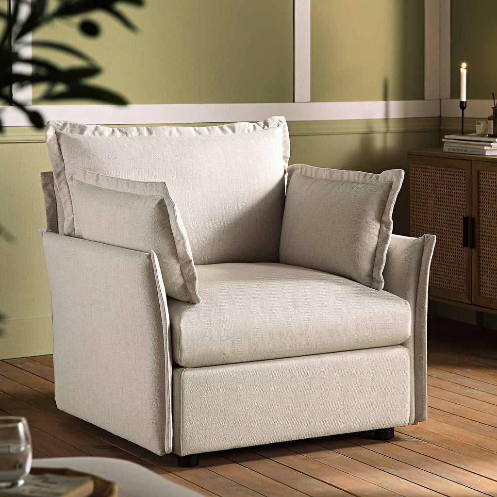 Byron Pillow Edge Beige Fabric Sectional Sofa, 1-Seater