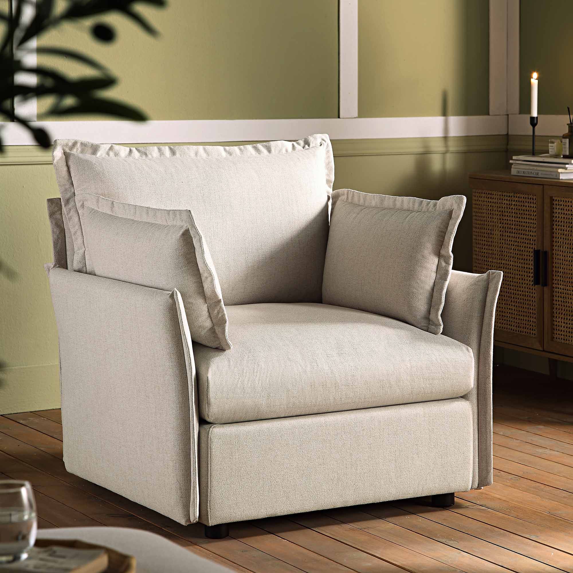 Byron Pillow Edge Beige Fabric Sectional Sofa, 1-Seater