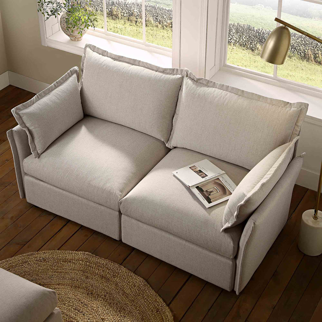 Byron Pillow Edge Beige Fabric Sectional Sofa, 2-Seater