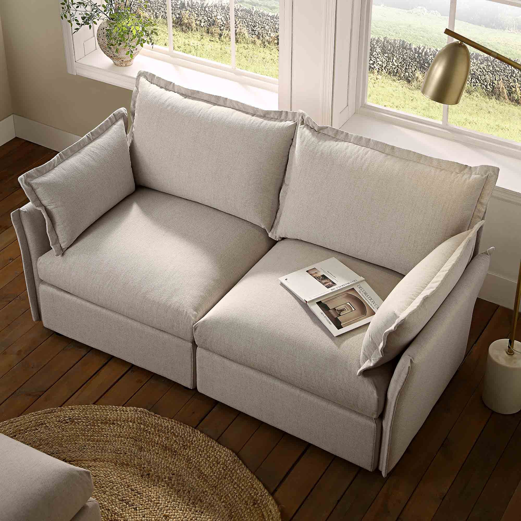 Byron Pillow Edge Beige Fabric Sectional Sofa, 2-Seater