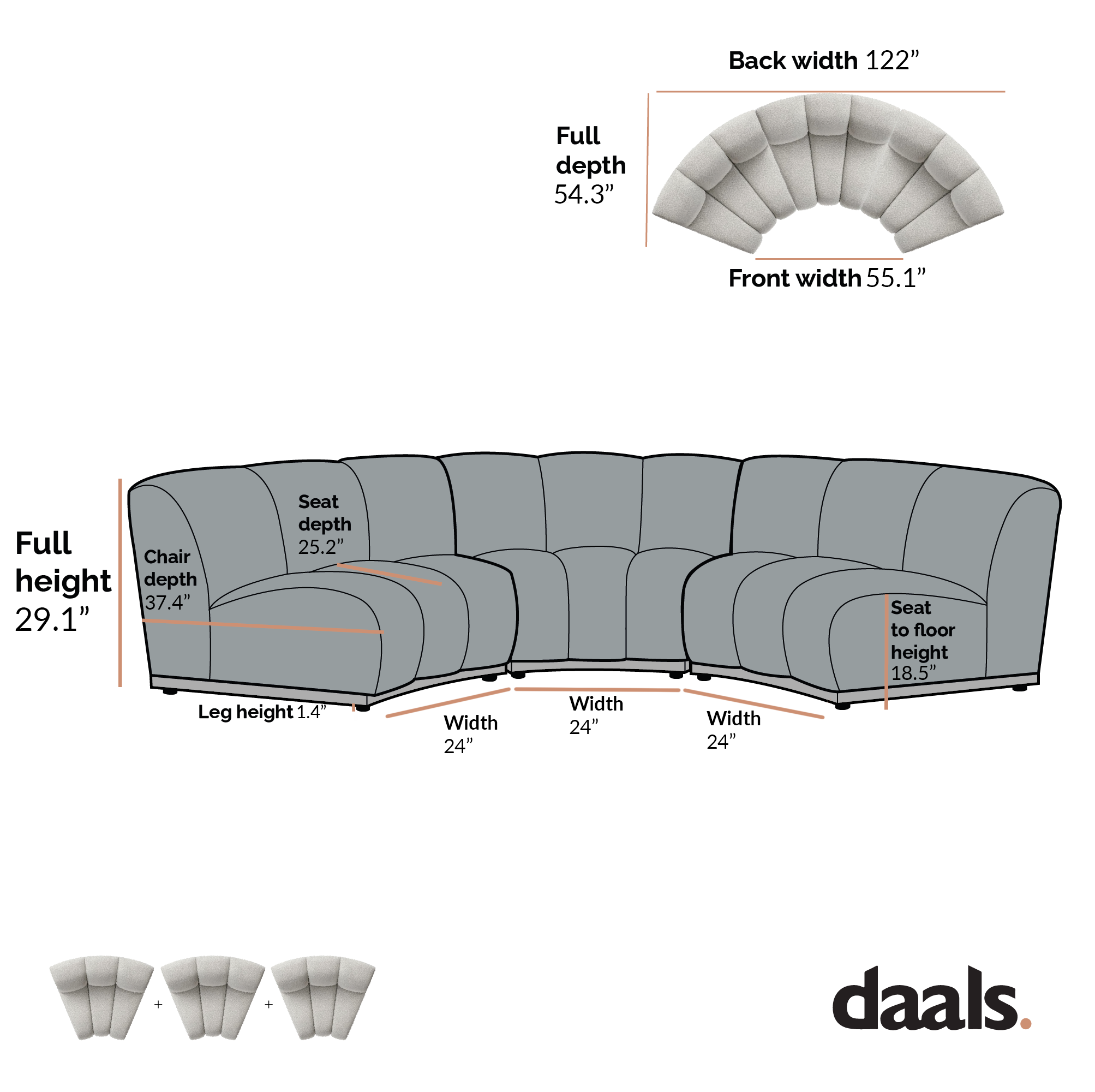 Granvia Taupe Boucle Sectional Sofa, 3-Seater Curved Sofa